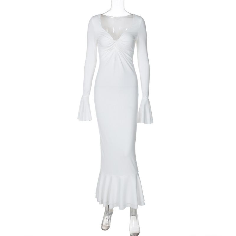 Deep V Horn Long Sleeve Fanny Pack Hip Pleats Pure Sexy Pure Wind Long Dress