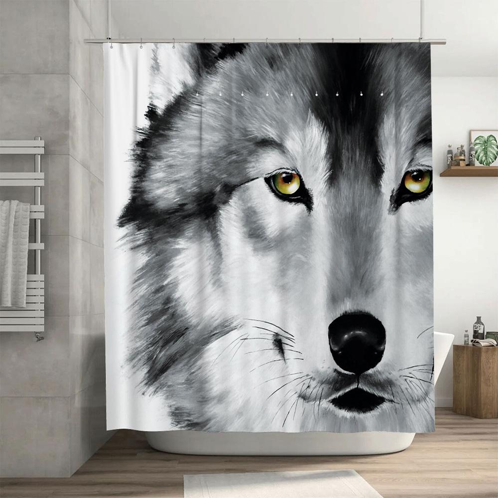 Whimsical Wolf Print Shower Curtain High-Quality Waterproof Fabric Decor For Your Bathroom Modern Stylish Design In Black White