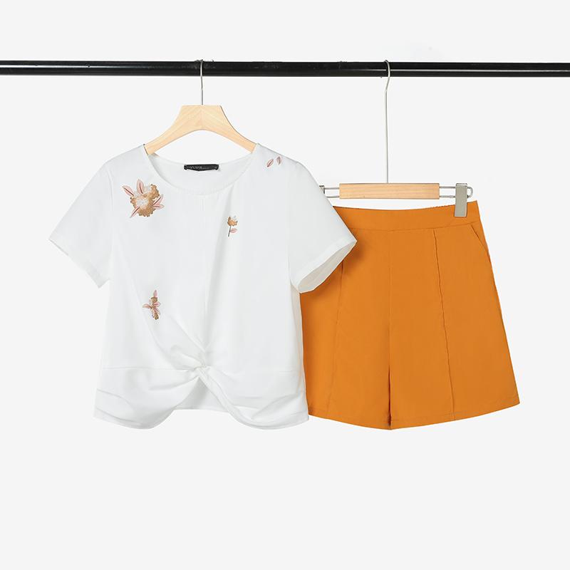 

ZANZEA Женская блузка с коротким рукавом и принтом и шорты Летние костюмы-двойки 5XL оранжевый