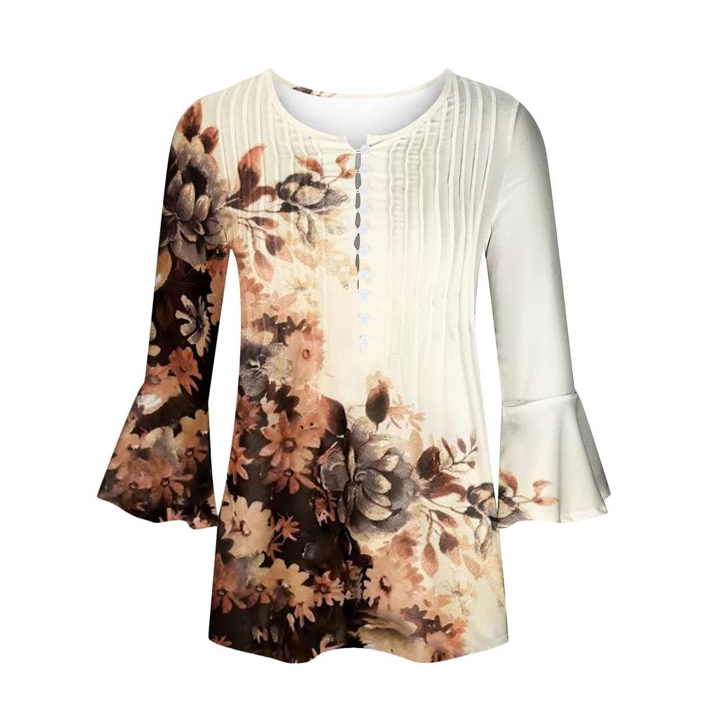 Ladies Top Floral Print V-Neck Short Sleeve Button T-Shirt