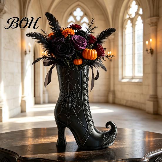 Decorative Mantel Ornament Gothic Witch Boot Vase, Halloween Table Centerpiece Black Spider Web Rose Container High Heel, Flower Holder for
