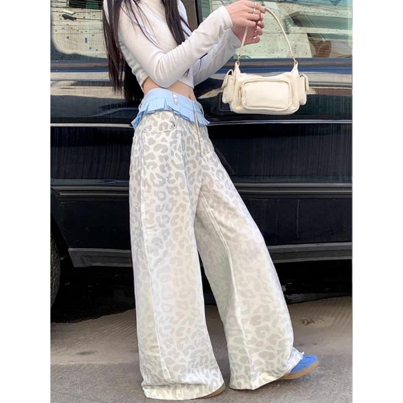 Baggy Patchwork Leopard Pants Woman Y2k Harajuku High Waist Wide Leg Trousers Vintage Streetwear Fashion Pantalones