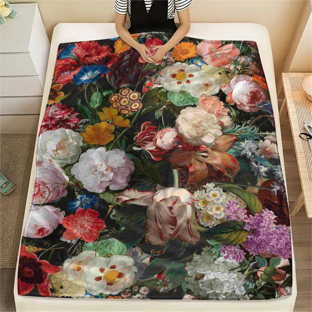 1Pc Vintage Floral Bird Print Flannel Blanket, High quality Comfortable for All Seasons, Home Decor, Warmth and Comfort, Perfect for Gifts