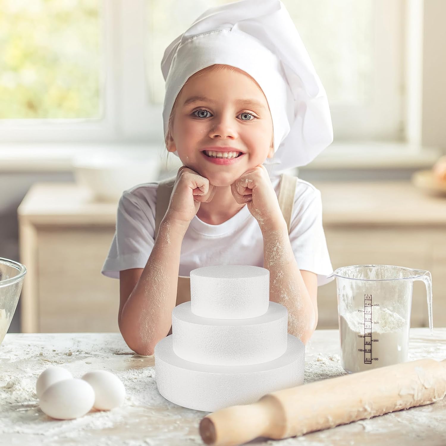 White Round Cake Set, 3 Tier Foam Fake for Decorating and Crafts, Wedding Cake Display, Cake Decorating Practice in 3 Sizes, 4/6/8-Inch