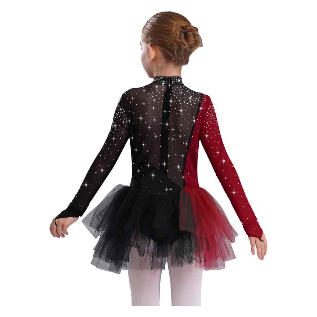 Girls Figure Skating Dress Long Sleeve Sparkling Rhinestones Color Block Patchwork Stage Performance Costume