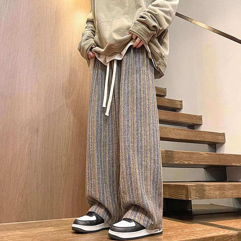 Men's Striped Woolen Straight Leg Trousers Classic Y2K Vintage Baggy Pants Casual High Street Fashion Gym Sweatpants