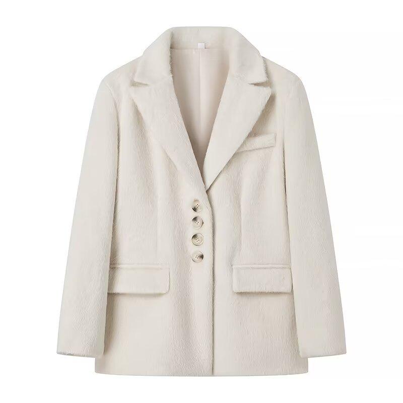 

Elegant Women s Loose Lapel Wool Plush Coat for Spring/Autumn 2026, Single-Breasted Long Sleeve Outerwear XL брудно-білий