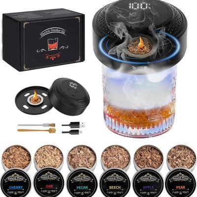 Kit de afumare electrică pentru whisky cu moduri de lumină, fără necesar de butan, Kit de afumare reîncărcabil pentru cocktailuri cu afișaj LED și 6 tipuri de așchii de lemn, Afumător Old Fashioned