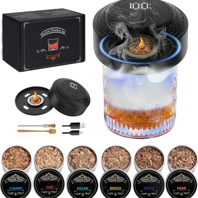 Электрический набор для копчения виски с режимами подсветки, без бутана, перезаряжаемый набор для копчения коктейлей со светодиодным дисплеем и 6 видами древесной щепы, коптильня в стиле Old Fashioned KZ-39
