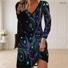 Women Plus Size V Neck Long Sleeve Printed Black Green Gold Curved Hem Dress