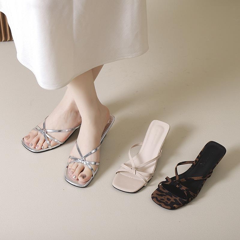 French square head cross thin strap high heel cool slippers women's 2025 summer new temperament thin heel toe Roman sandals