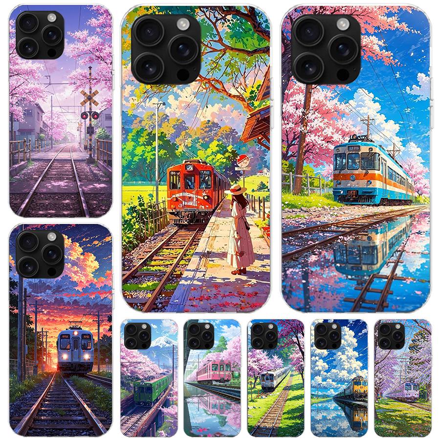 Retro Japanese Sakura Train Soft Phone Case For IPhone 18 11 17 Air 16E 16 Pro Max 15 + 14 Plus 13 Mini 12 Apple 7 SE 8 Fundas Coqu