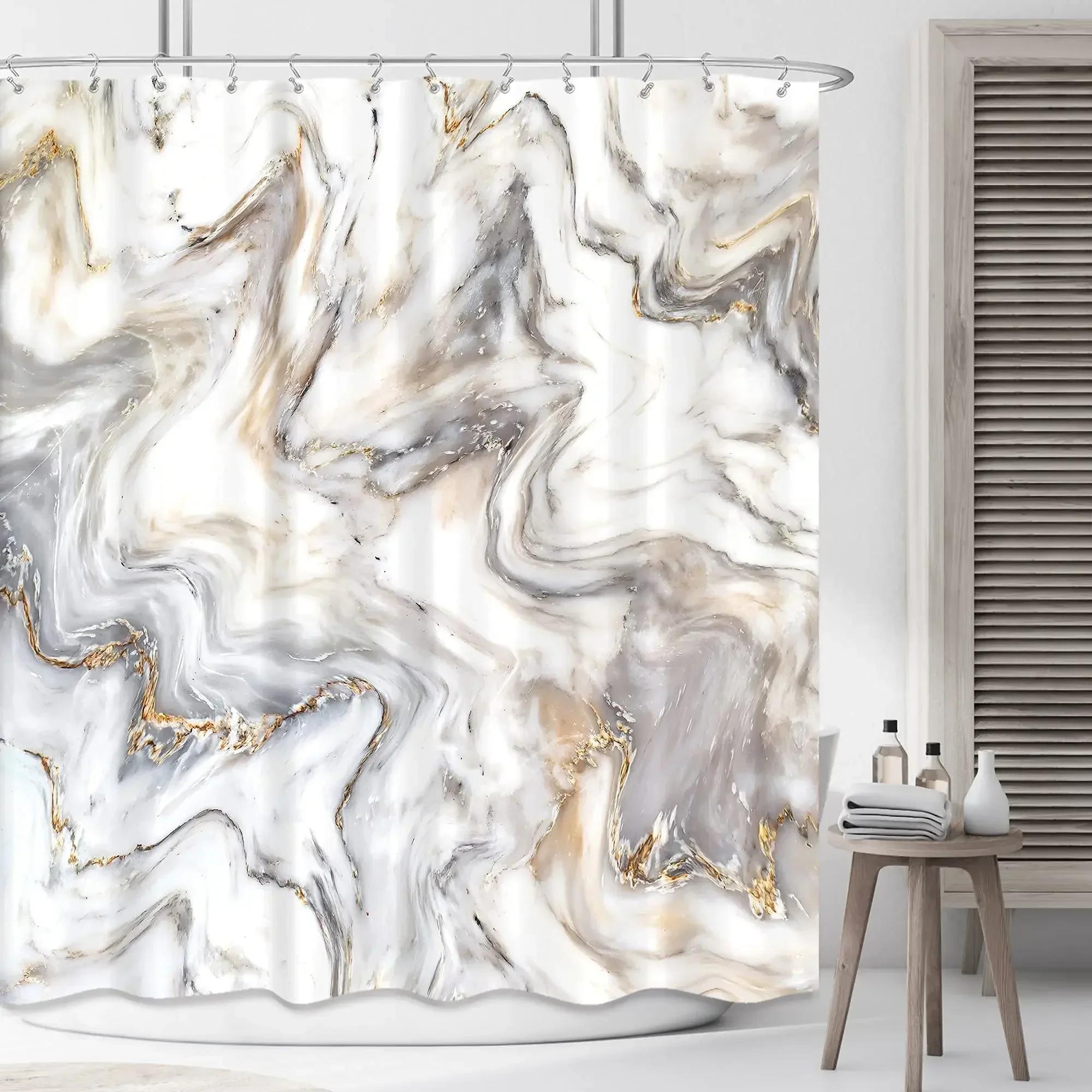 

Marble Shower Curtain Grey Gold White Texture Marble Shower Curtain For Bathroom Abstract Pattern Waterproof Fabric With 12 Hook W60H190(CM)-1 Pcs