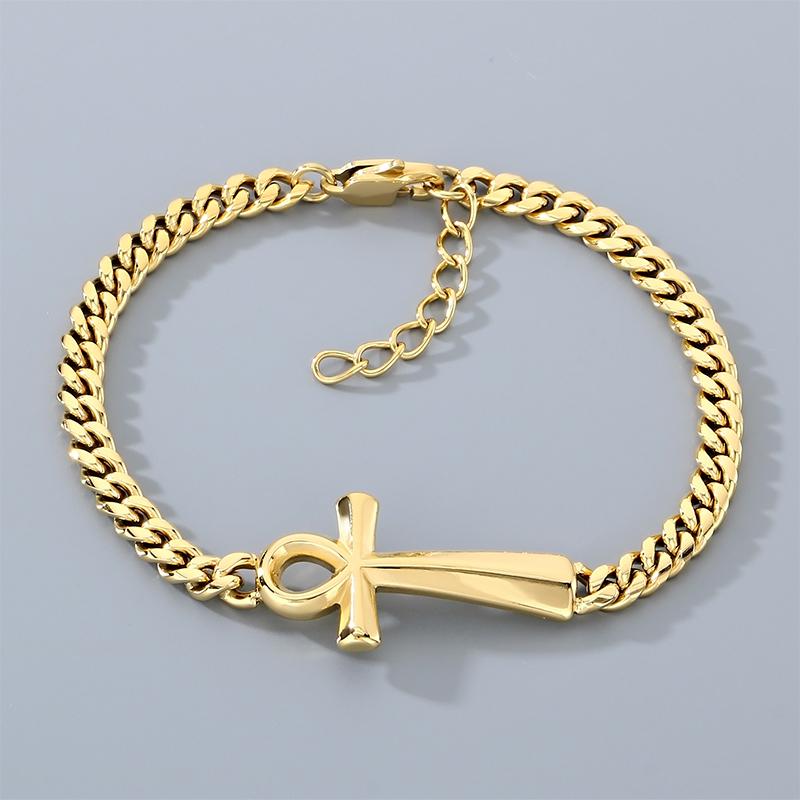 Stainless Steel Cross Bracelet for Men Women Polished Symbol Curb Chain Wristband Gold Color Adjustable Jewelry for Daily Wear