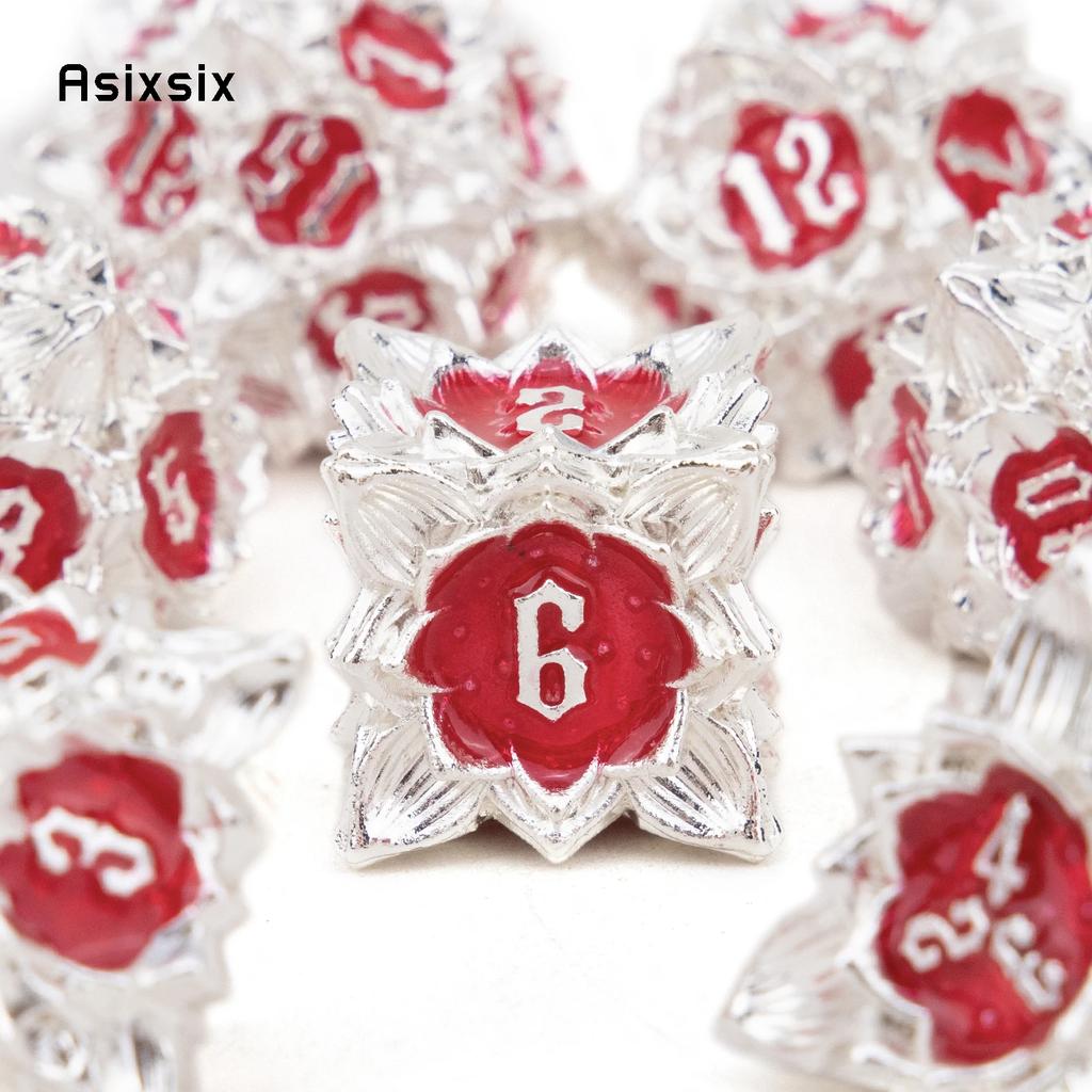 7 Pcs White Red Lotus Flower Metal DicePerfect For Rpgs, Board Games, And Card Games.Dice For Games, Dnd Dice Set