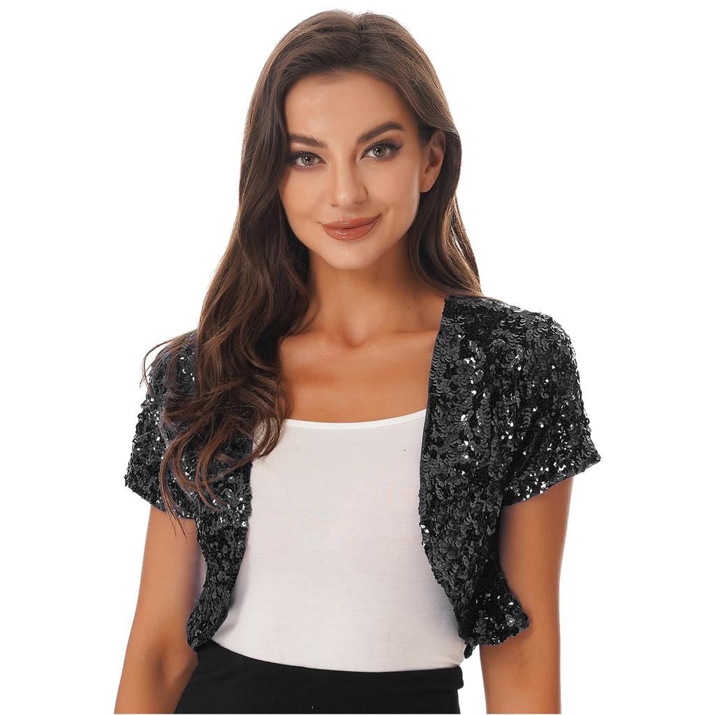 Women Sequin Cropped Jacket Glitter Waistcoat Cardigan Style Shiny Outerwear Stage Performance Costume Top