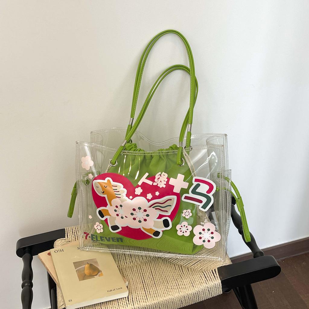 Summer Cartoon Horse Print Transparent PVC Tote Bags Elegant Large Capacity Jelly Handbag Sweet Youth Shoulder Bag for Women