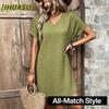 Fashion Summer Spring Solid Color Print Short Sleeve V-Neck Casual Dresses