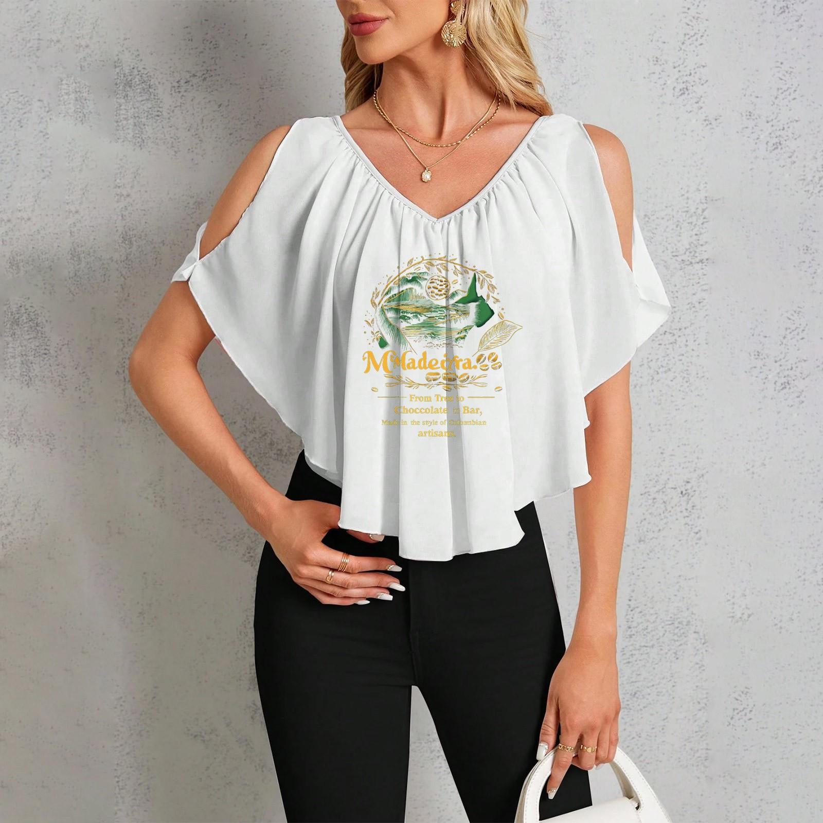 Women s Casual V-Neck Off-Shoulder Hawaiian Print T-Shirt XL