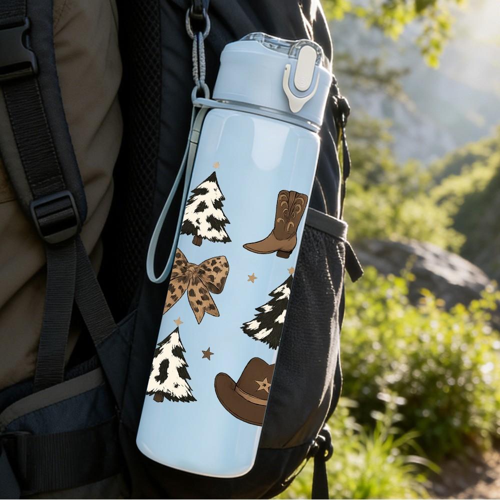 1PC Cowboy Boot Bow Christmas Set 750ml Color Plastic Sports Water Bottle Leakproof Flip Straw Lid Suitable for Sports Office Home Use