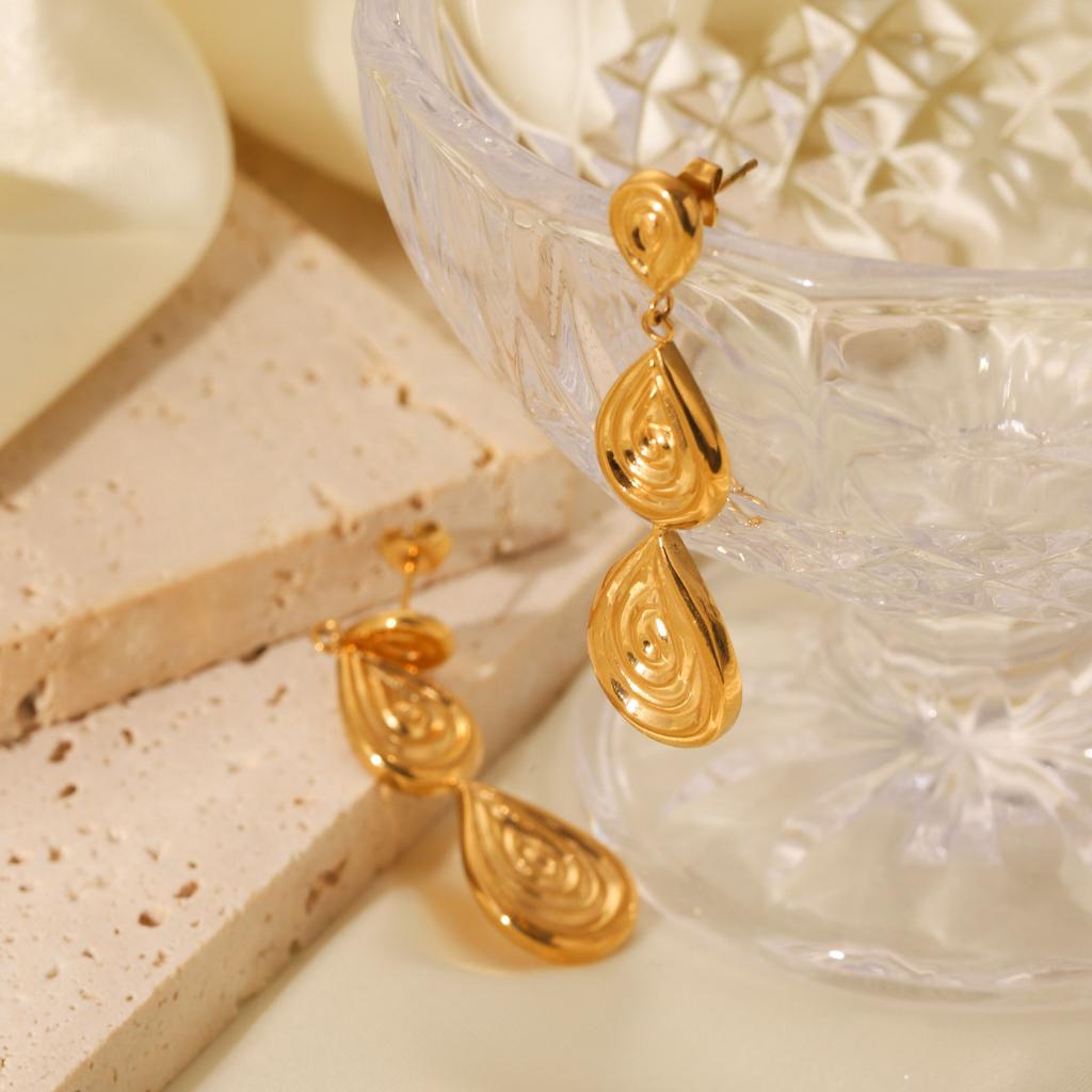 New 18K Gold Teardrop Earrings Threaded Relief Pendant Stainless Steel Studs Stylish Ins Style Jewelry