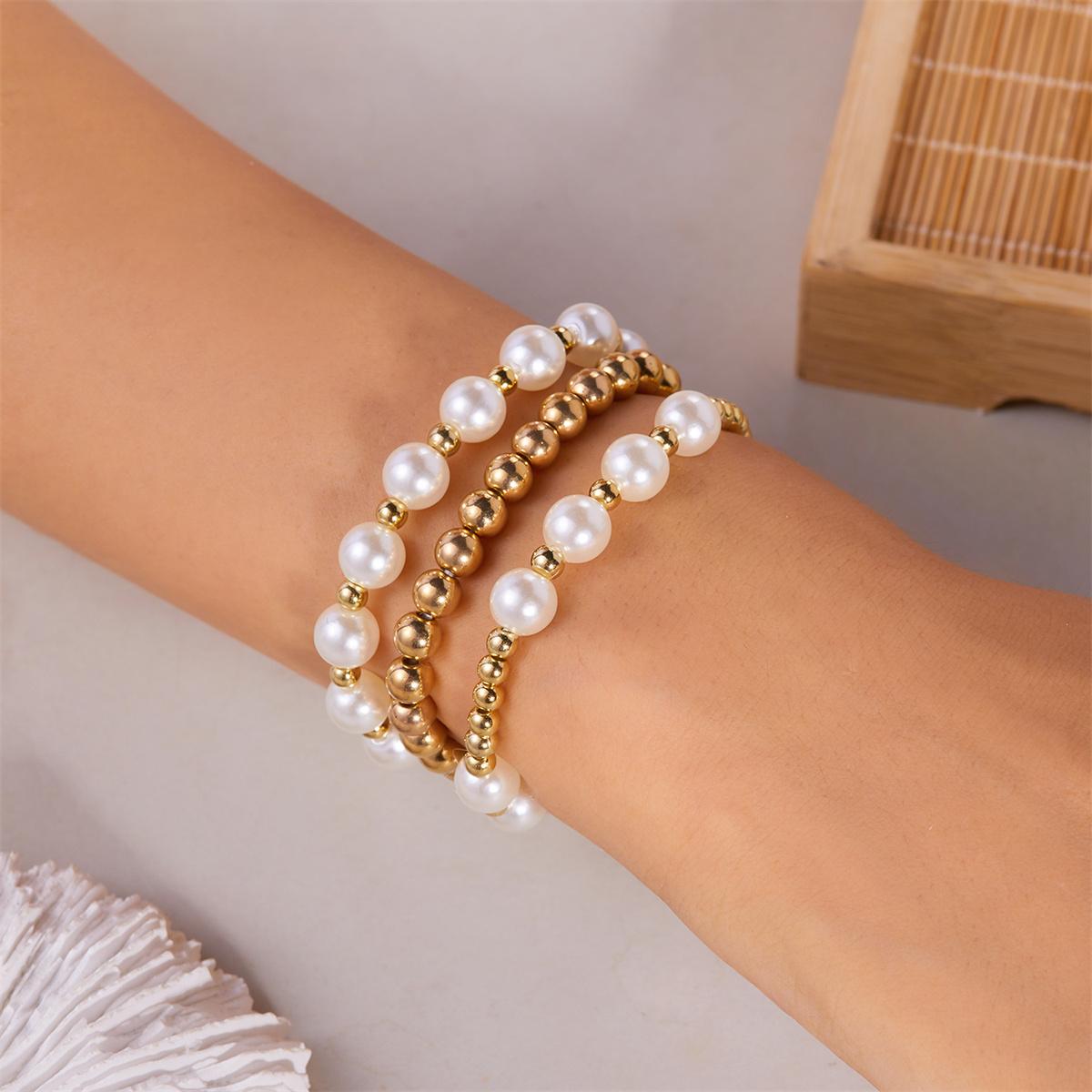 3Pcs/Set Vintage Imitation Pearl Gold Color Beaded Bracelets For Women Geometric Irregular Pearl Beads Bracelet Bangle Jewelry