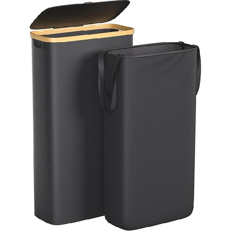 Large Laundry Hamper, 100L Waterproof Laundry Basket with Lid and Removable Bag, Collapsible Tall Clothes Hamper with Bamboo Handles for Clothes Toys