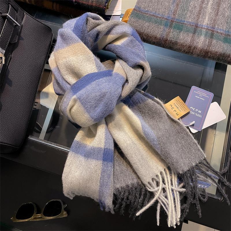 British Classic Unisex Couple Style Simple Versatile Winter Warm Scarf Exquisite Pure Wool Plaid Scarf Women Men
