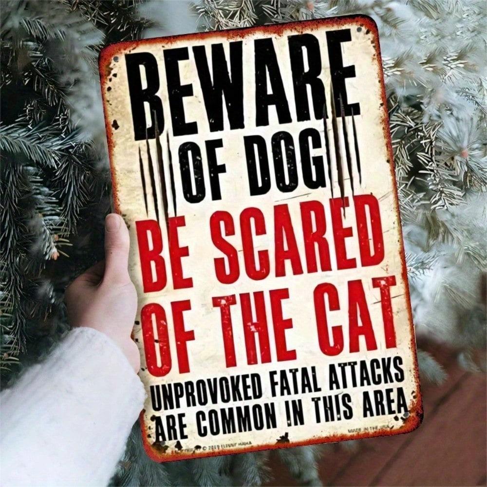 Vintage Beware Of Dog And Cat Metal Sign Rustic Iron Wall Decor Distressed Finish For Home Bar 8x12 Inch