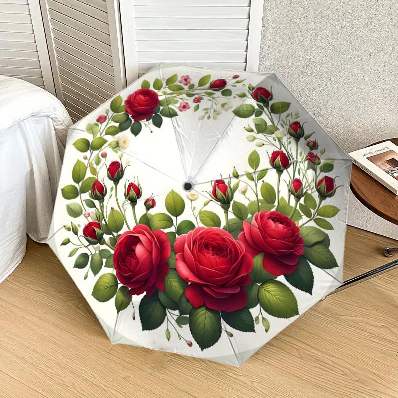 1pc Floral Wreath with Red Roses Umbrella with Plastic Handle,Suitable for All Seasons Home Travel Outdoor UmbrellaDD1272
