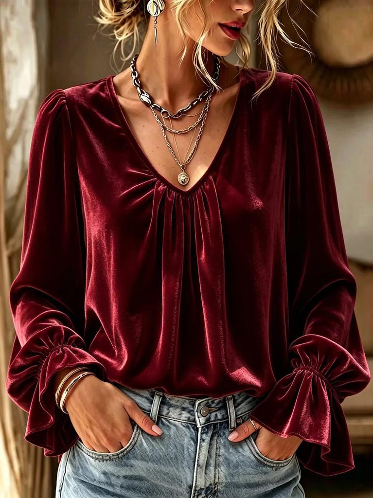Autumn and winter women's clothing new velvet versatile V-neck pleated loose solid color long-sleeved shirt women