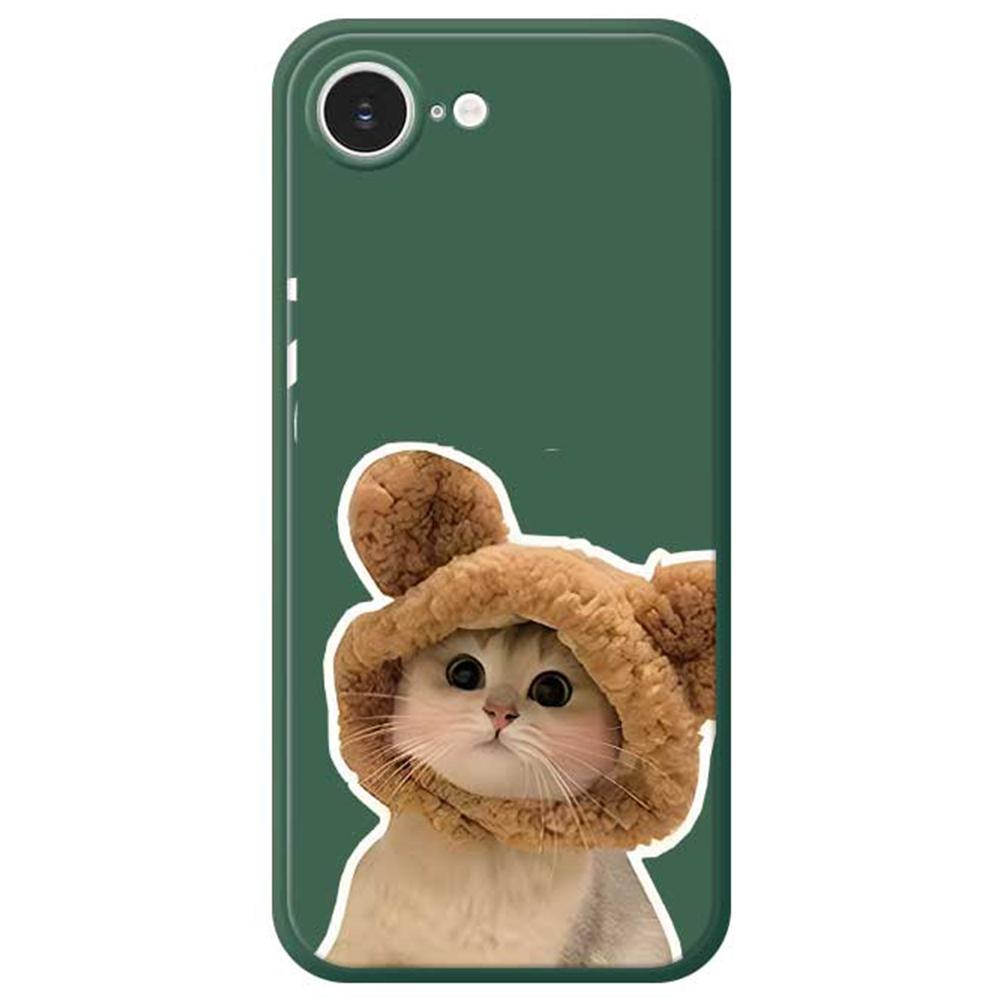 

For iPhone 16e Case Cute Cat in the Hat Pattern Printing Straight Edge TPU Phone Back Cover Green