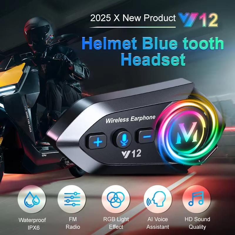 Motorcycle Helmet Bluetooth Headset with RGB Light Effect, Long Battery Life, FM Radio