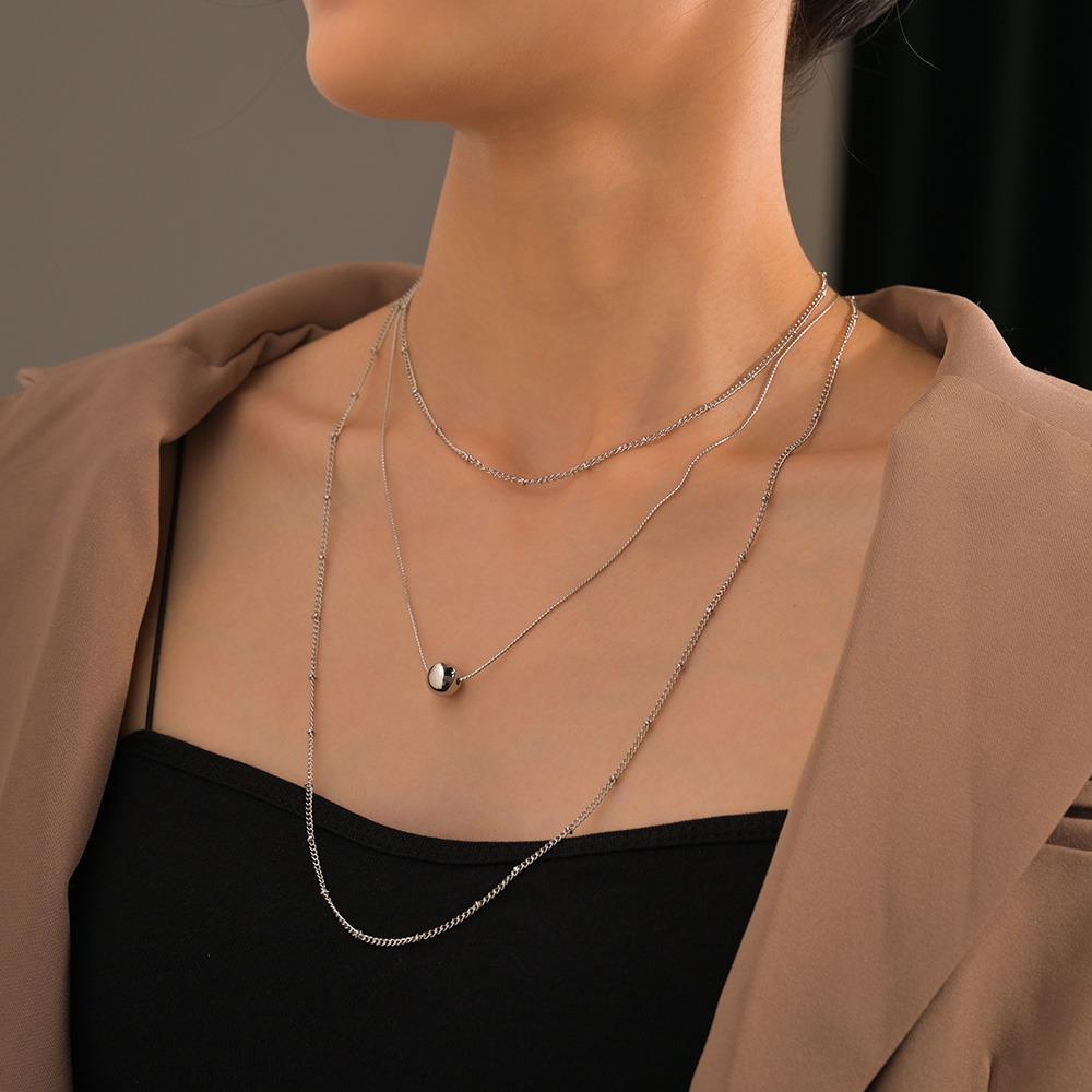 Simple, silver bead pendant multi-layer chain stacked with personalized women s long collarbone chain necklace