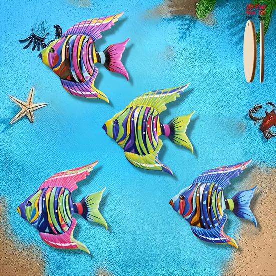 4 Pcs Wooden Fish Wall Decor Coastal Tropical Fish Wall Art Nautical Beach Theme Ocean Animal Hanging Sculpture for Bathroom Living Room Patio Decor
