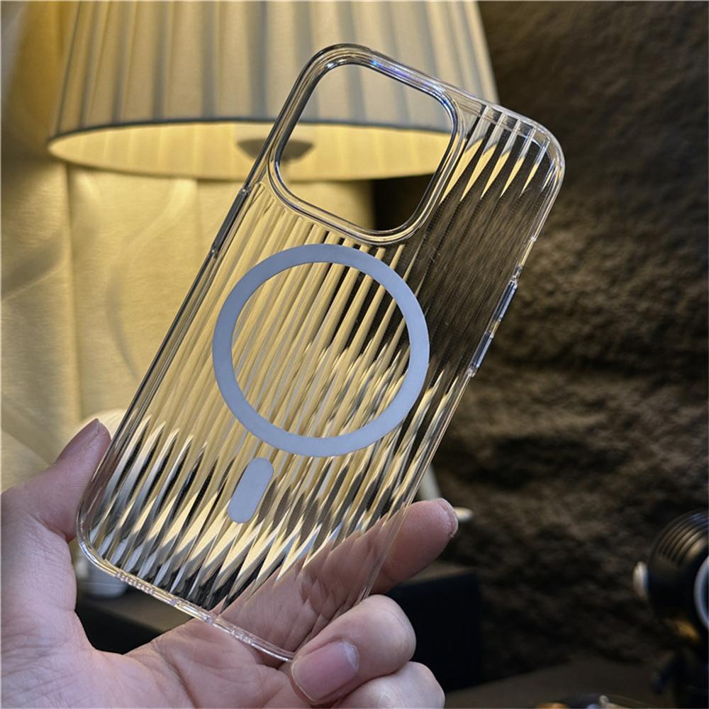 Transparent Magnetic For Magsafe Wireless Charger Phone Case For iPhone 14 11 12 13 15 Pro Max Plus Shockproof Soft Stripe Cover