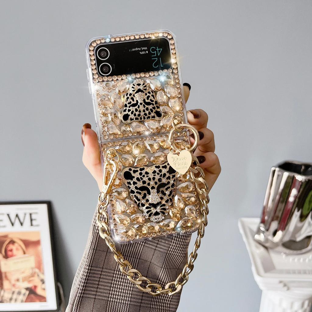 Phone Case Cover with Metal Hand Chain, Bling Diamond Leopard Head, Luxury Fashion, for Samsung Galaxy Z Flip 4 3 Z Flip 5