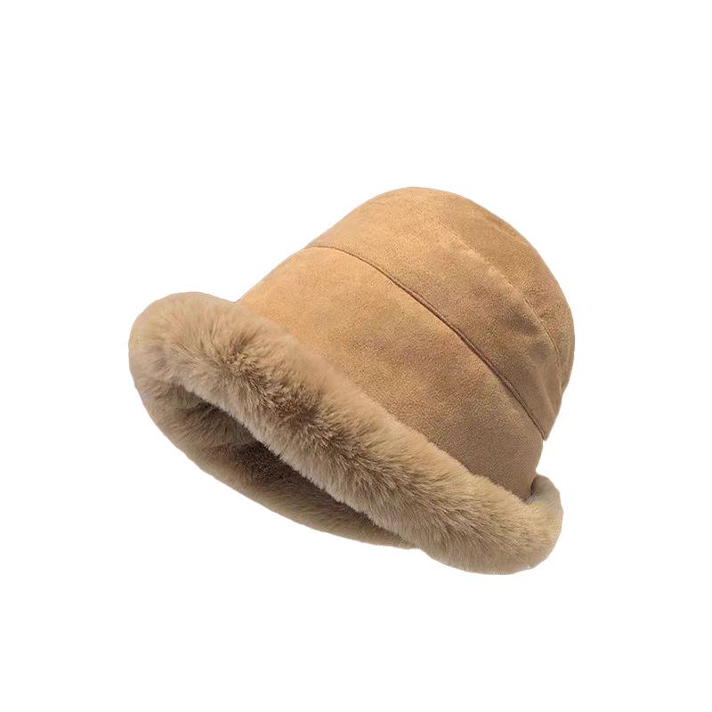 Hairy Hat Women's Winter Hemming Bucket Hat Warm Ear Protector Piled Thickened Big Head Circumference Suede Basin Hat