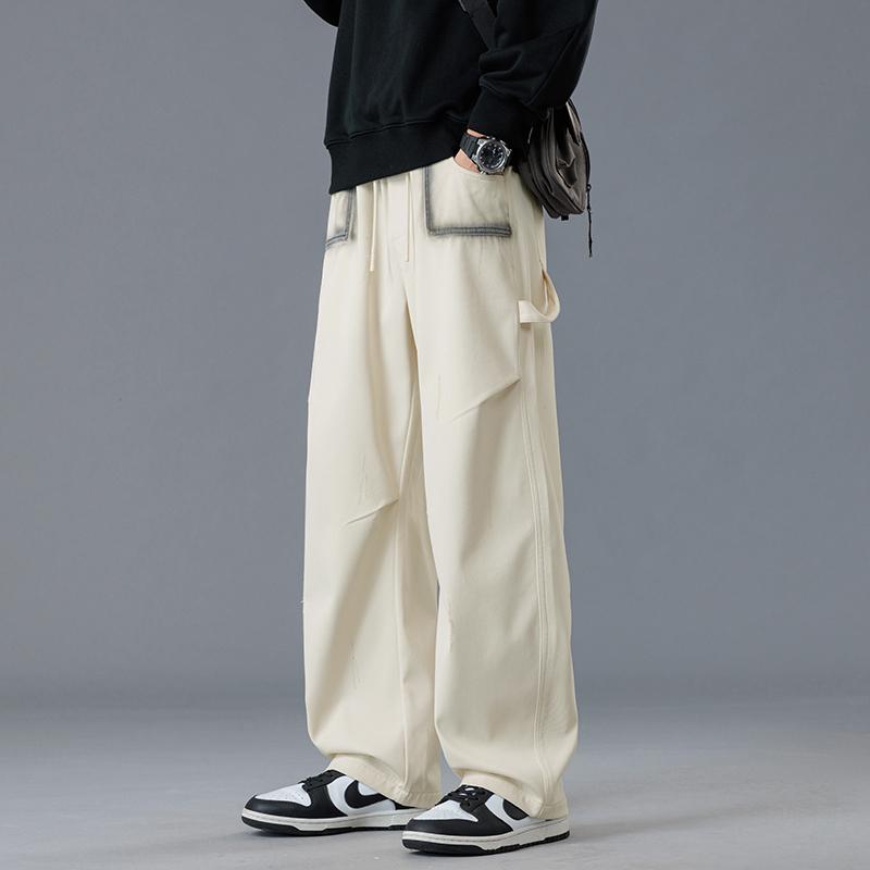 

Spring Autumn Loose Casual Solid Color Folds Pants Male Drawstring Straight Trousers M білий