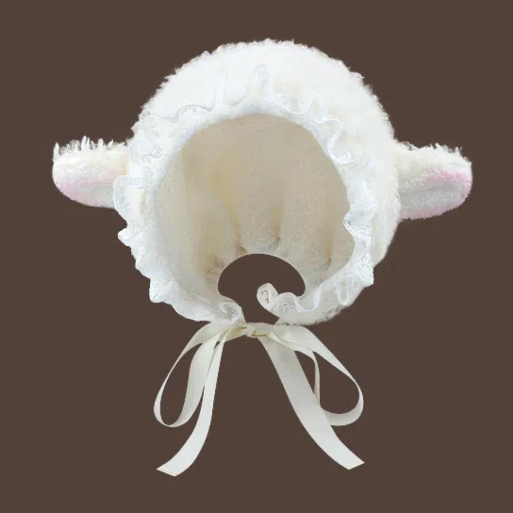 Y2K Sheep Ear Plush Hat Japanese Style Ear Protection Cap Pullover Hat Lolita Lace Hat  Outdoor