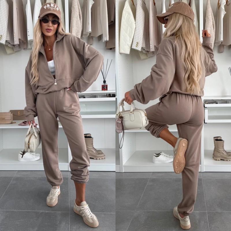 Womens 2-Piece Casual Tracksuit Solid Color Long Sleeve Zip Sweatshirt Elastic Waist Pants Streetwear