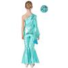 Girls Performance Jumpsuit Metallic Bell Bottom Design One Shoulder Flare Sleeve Bodysuit Hair Accessory