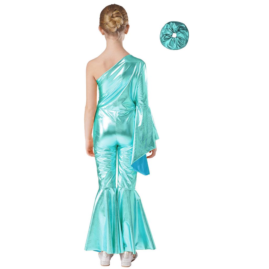 Girls Performance Jumpsuit Metallic Bell Bottom Design One Shoulder Flare Sleeve Bodysuit Hair Accessory