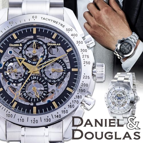 DANIEL & DOUGLAS Men's Automatic Mechanical Skeleton Watch In Silver and Black (Black Gold)