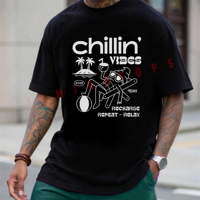 Funny Beach Chillin Vibes Graphic Motorcycle Cotton Tshirt Men Funny Men T-shirt Summer Harajuk