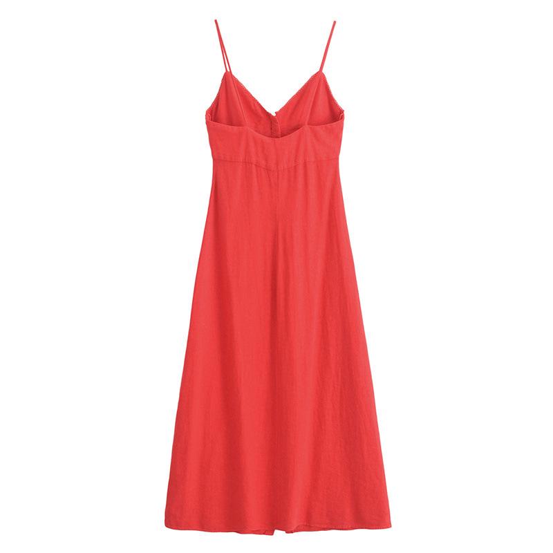 European & American Style 2026 Linen Blend Button-Up Strap Dress 7964709