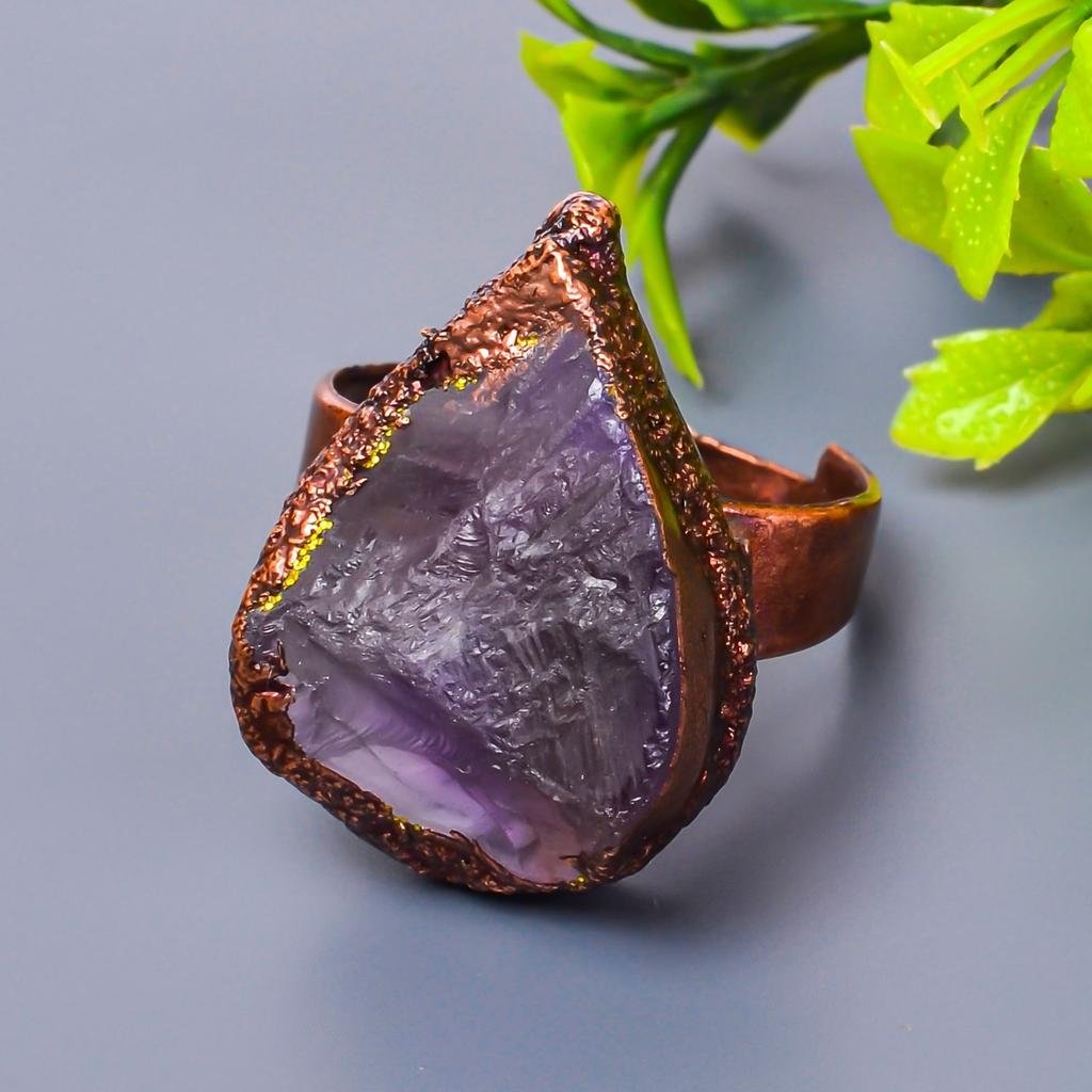 Pear Amethyst Rough Stone Eternity Crown Chakra Promise Boho Ring Jewelry Copper V-14