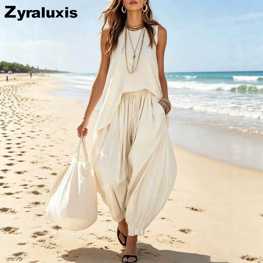 Cotton Linen Sleeveless Set Women Loose Irregular Backless Top + Wide Leg Pants Casual Vacation Outfit S белый