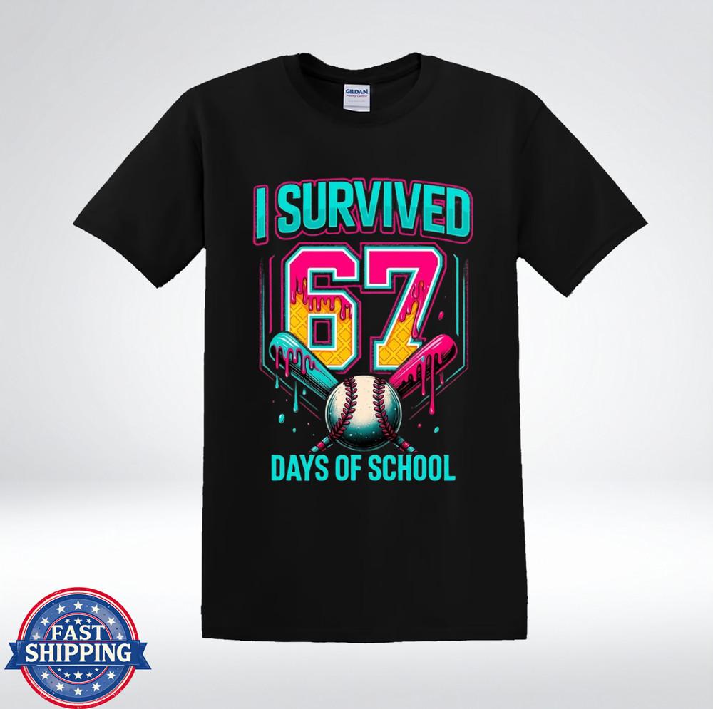 I Survived 67 Days Of School Baseball Neon Graphic T-Shirt 3XL