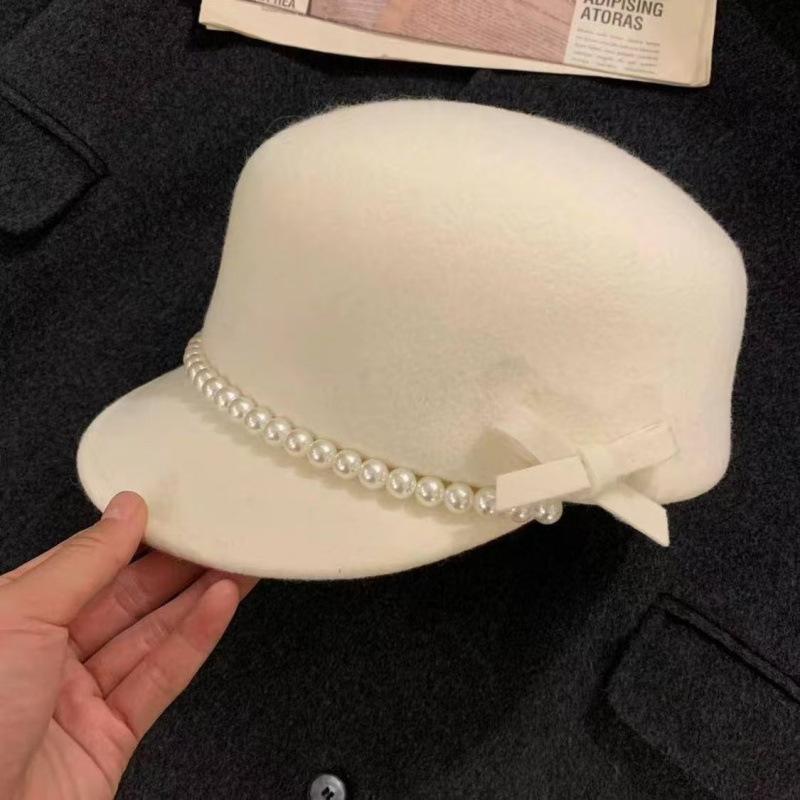 French Hepburn Style Pearl Bow Wool Top Hat Women's Autumn and Winter British Equestrian Hat Elegant Temperament Beret